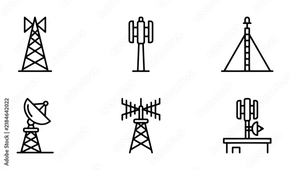 Naklejka premium Communication Towers Vector Icons Set, Telecommunication Antennas, Network Infrastructure Graphics