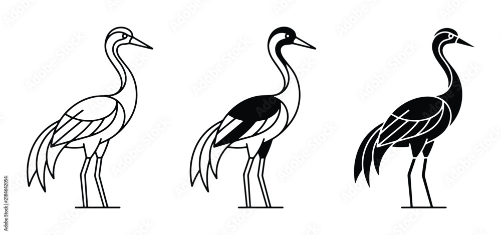 Fototapeta premium Elegant Crane Vector Icons, Silhouette and Outline Styles, Bird Graphics