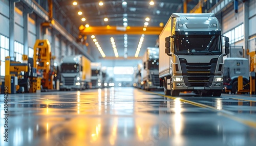 Modern truck assembly plant with semi trucks lined up inside a clean industrial warehouse featuring overhead cranes, reflective floors, and freight vehicle production equipment