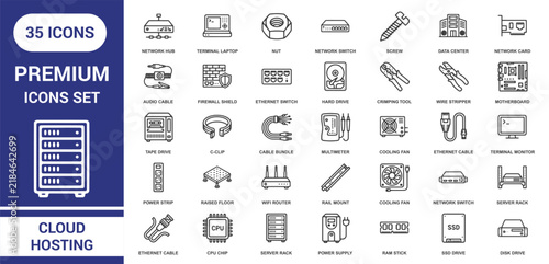 Collection of thirty-five thin line icons representing cloud hosting, server infrastructure, network hardware, and computer components on a white background