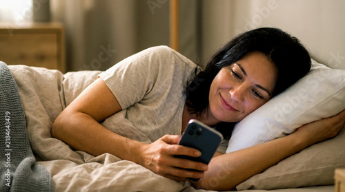 A middleaged woman lying in bed at home, smiling while looking at her smartphone screen in a cozy bedroom setting