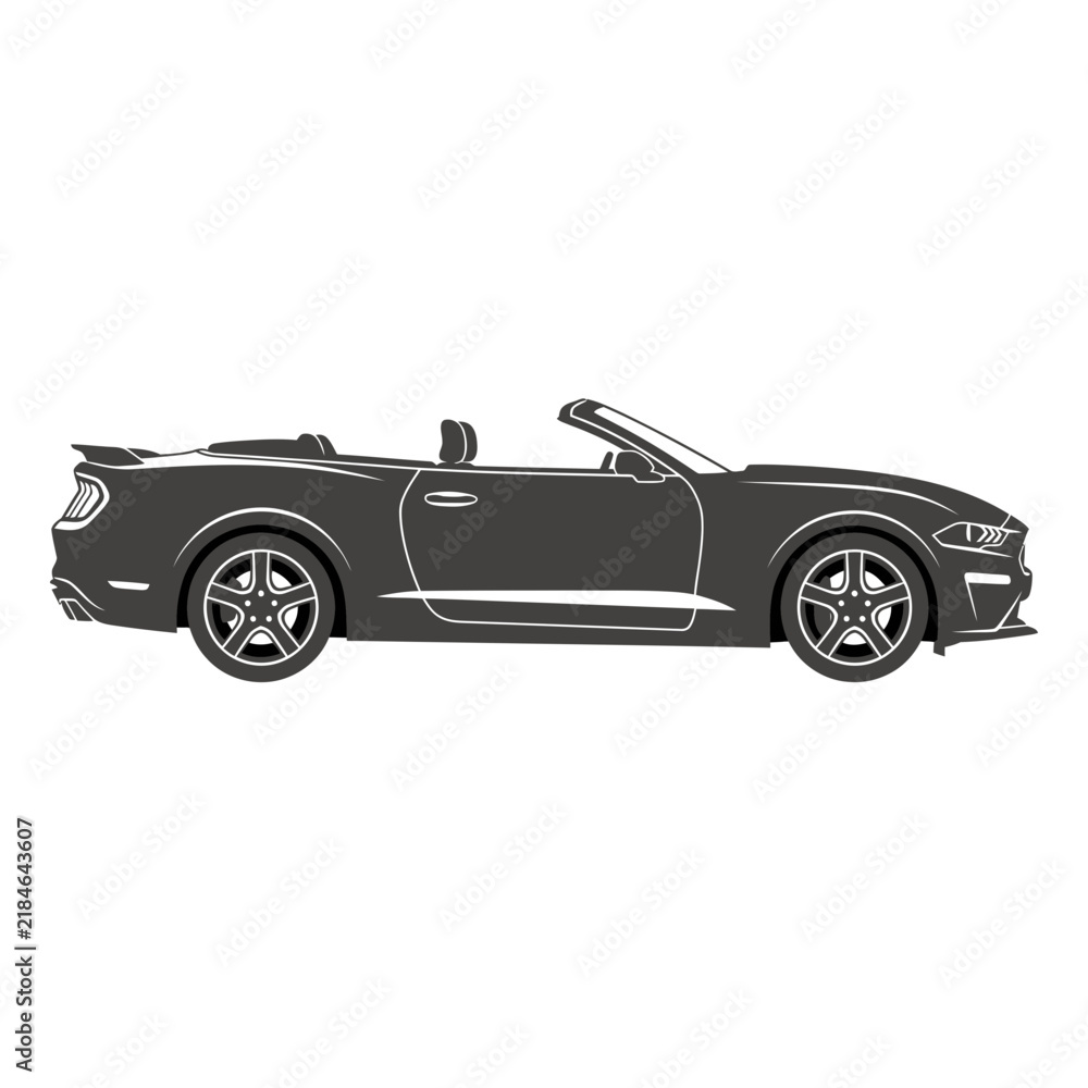 Obraz premium Elegant black convertible car driving along a smooth road in silhouette with wheels shown monochrome