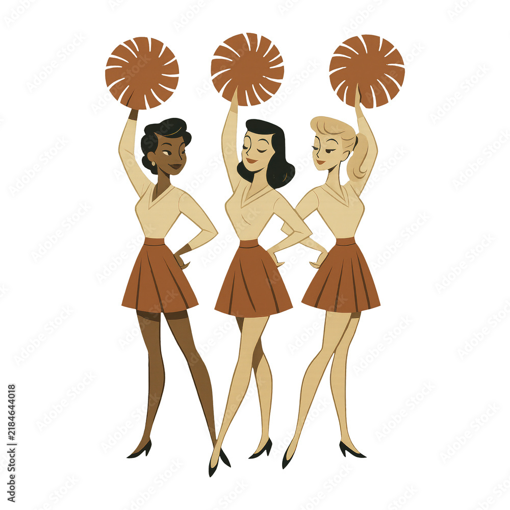 Obraz premium PNG Retro cheerleaders with pom-poms