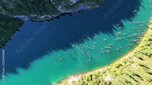 The Kaindy mountain lake in Kazakhstan, viewed from a drone