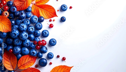 Vibrant Autumn Composition Featuring Fresh Blueberries and Red Currants with Colorful Orange Leaves and Ample Copy Space on a Clean White Background for Seasonal Designs.
