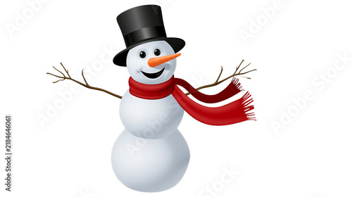 Cheerful snowman wearing a tall black top hat and long red scarf posing for festive winter holidays on transparent background