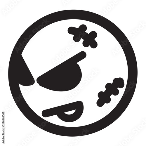 Black and white pirate face icon with eyepatch and bandages.