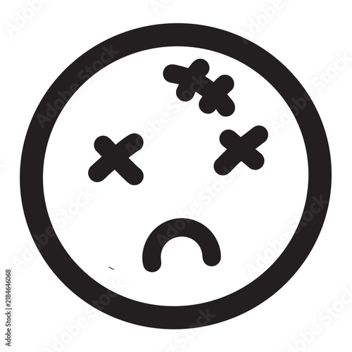 Black and white sad face emoticon with crosses for eyes.