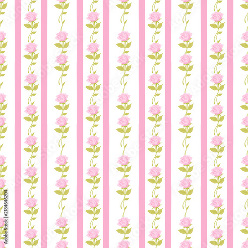 Pink floral striped wallpaper pattern with vintage rose flower illustration background