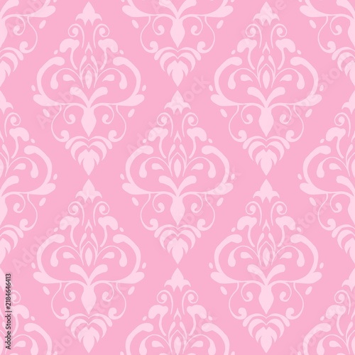 Pink Damask Pattern Seamless Wallpaper Background with Elegant Victorian Floral Ornament