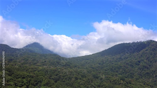 Forested mountains stretch beneath drifting clouds, and mountain panorama keeps lush ridges glowing under bright blue sky. Forested mountain range fills view with calm daylight and layered peaks.