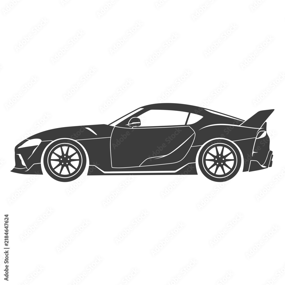 Naklejka premium High performance sports car silhouette with rear wing in side profile view with silhouette sleek
