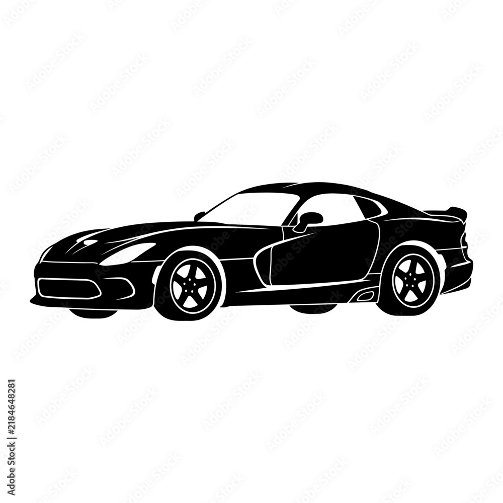 Fototapeta premium Black sports car silhouette driving on a plain background with against white background shown side