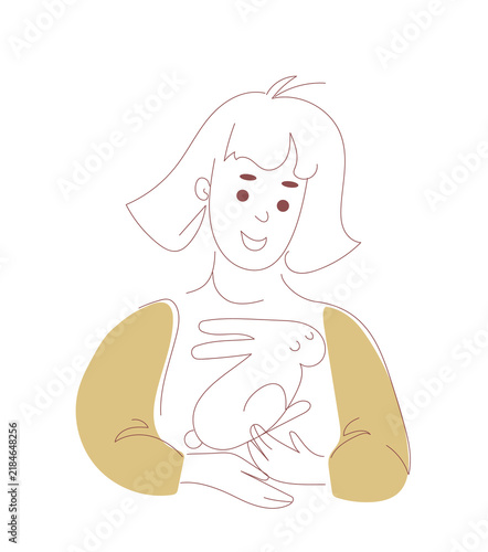 Smiling girl holding white rabbit in her arms. Cute child with pet bunny in minimal line art style with beige accents. Childhood, care and friendship with animals concept for pet care and children ill