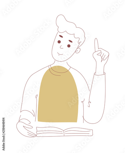 Young man reading book and raising finger up with bright idea. Line art illustration of student having insight while studying. Education, learning and inspiration concept for website and banner design