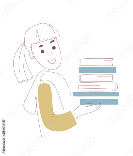 Happy girl carrying a stack of books. Smiling kid student holding pile of textbooks. Childhood reading and education concept. Flat cartoon illustration for school, library and study design.
