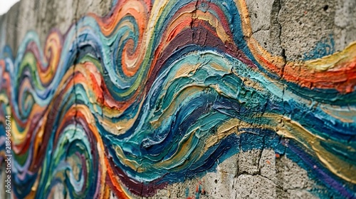 Abstract Textured Waves Painted on Cracked Concrete Wall - Vibrant Colors