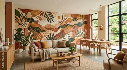 Bohemian living room with abstract nature mural and natural light