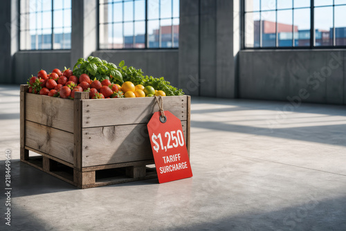Wooden shipping crate overflowing with strawberries herbs citrus on warehouse dock with red $1,250 tariff surcharge price tag highlighting import costs supply chain disruption and food inflation