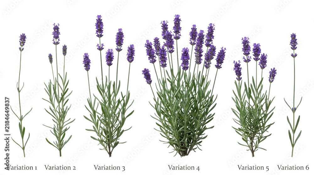Fototapeta premium Six variations de plantes et brins de lavande isolés