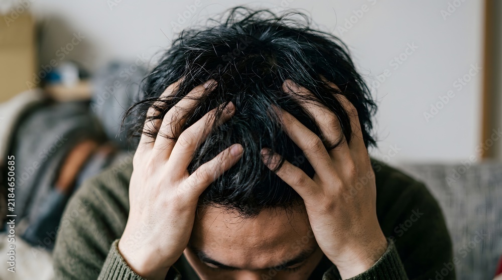 Fototapeta premium 頭を抱えて激しく悩む男性のクロースアップ