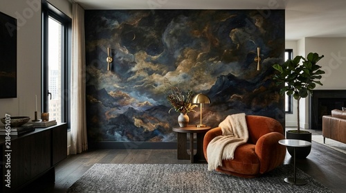 Dramatic Mural and Cozy Armchair in Modern Living Room