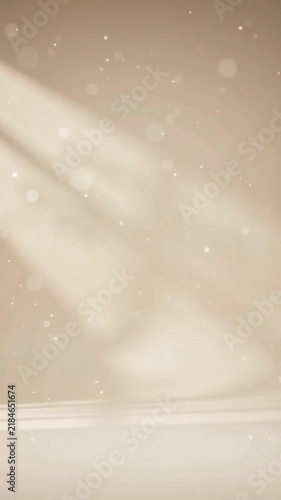 Soft golden light rays sweep across a warm nude studio backdrop with gently floating dust particles.