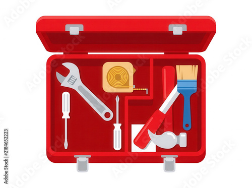 Boîte à outils rouge ouverte avec divers outils