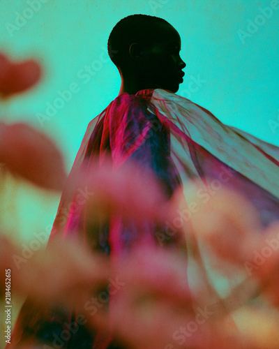 Elegant Profile Silhouette of a Black Female Model in Flowing Pink Cape Behind Blurred Flowers