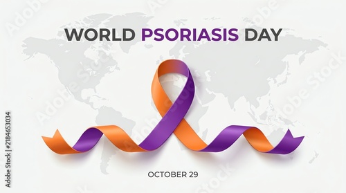 World Psoriasis Day Awareness Concept with Orange and Purple Ribbon on World Map Background