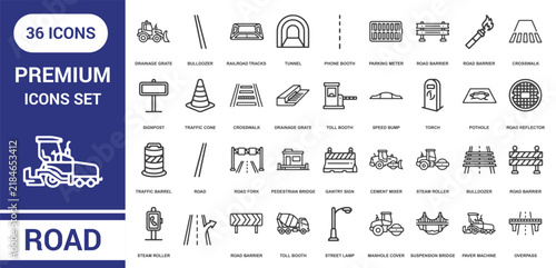 Set of thirty-six road construction and traffic infrastructure line icons featuring heavy machinery, road signs, safety barriers, and transport symbols