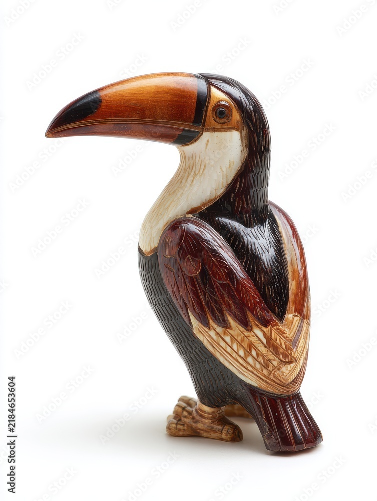 Fototapeta premium Glittery Ornate Toucan Figurine With Brown And Cream Enamel Texture On Solid Isolated White Backdrop
