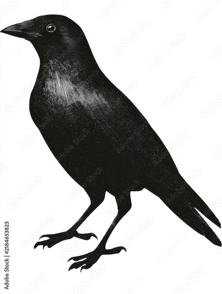 Obraz premium Graphic Illustration Of A Black Crow Standing In Profile Against A Plain White Background