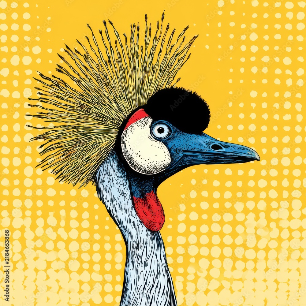 Obraz premium Graphic Illustration Of A Grey Crowned Crane Head On A Vibrant Pop Art Yellow Dotted Background