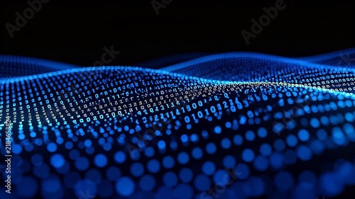 Abstract digital waves with blue glowing dots and binary code on dark background