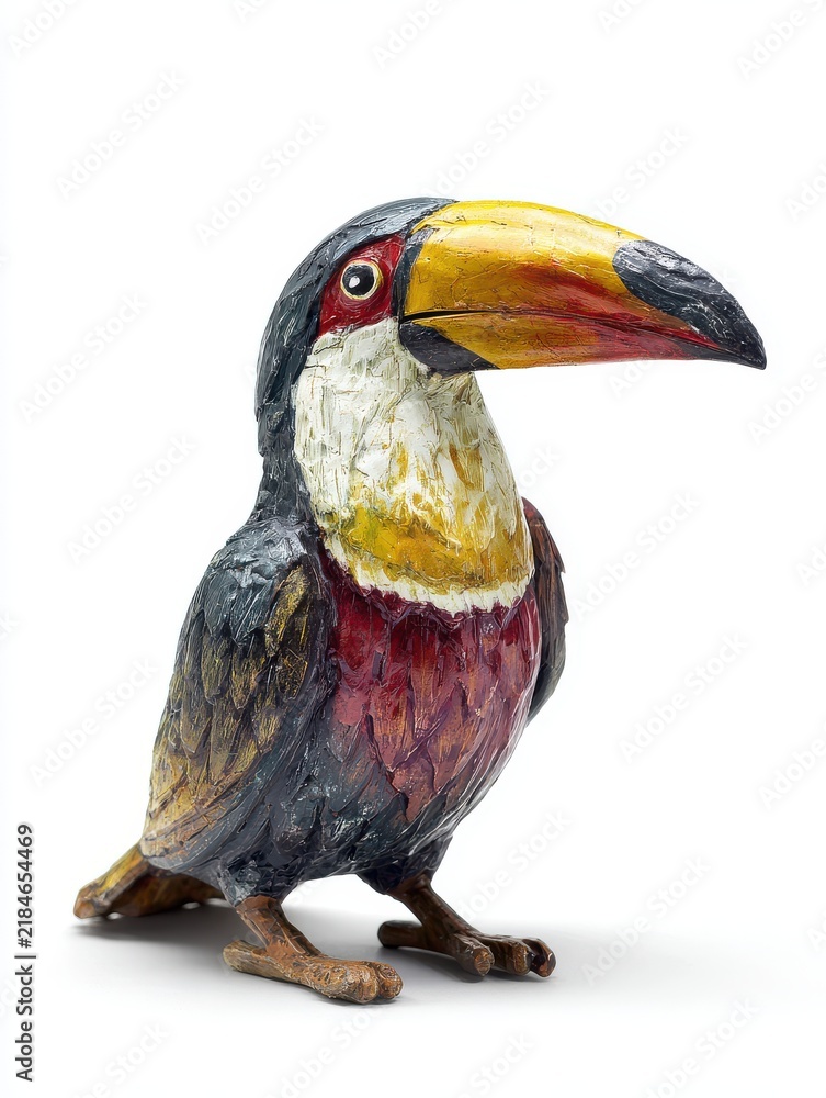 Fototapeta premium Handcrafted Wooden Toucan Sculpture With Textured Details Standing Isolated On A White Background