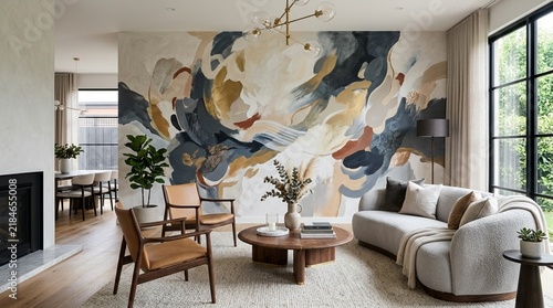 Modern Living Room with Abstract Mural and Cozy Furniture