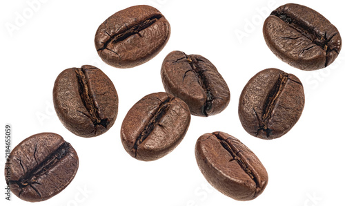 Foto Falling coffee beans isolated on white background