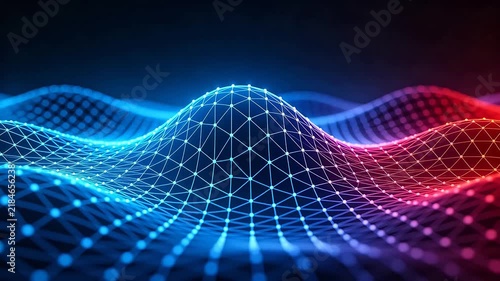 Abstract digital network surface with blue and red gradient dots and lines on dark background