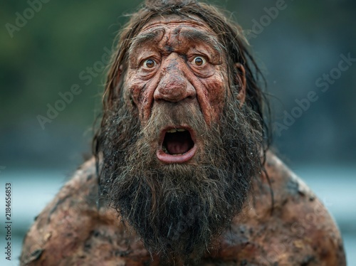 Surprised primitive man portrait with wild hair and beard