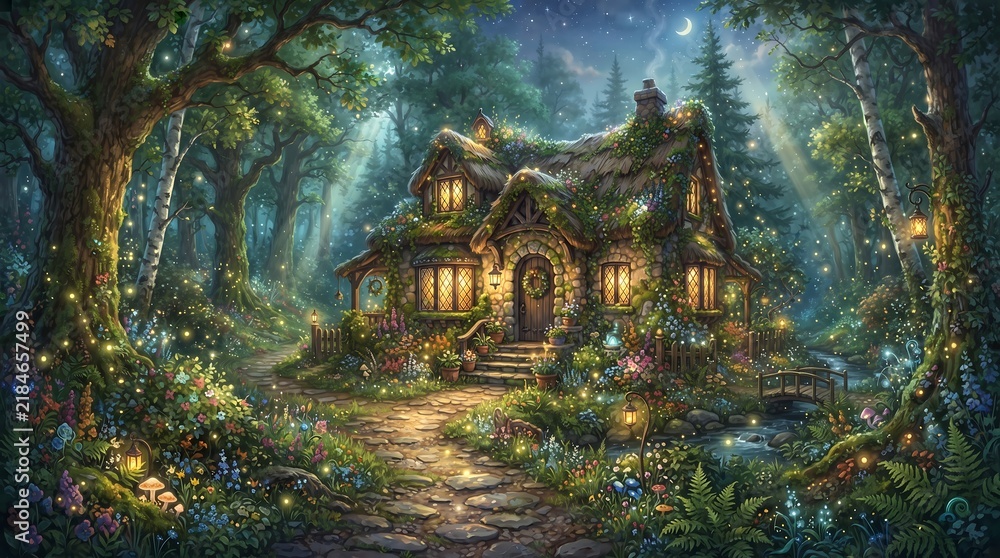 Fototapeta premium A magical glowing cottage nestled deep within an enchanted forest with ethereal light and mystical atmosphere