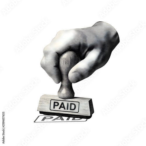 Rubber stamp marking paid sign with human hand pressing down firmly on a document in a vintage engraved halftone illustration style on transparent background