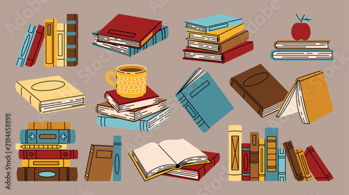 Hand drawn set of stacks in hardcover books with colorful covers, open and closed pages in various compositions. Cartoon illustrations for reading, literature, education, school, library, publishing. 