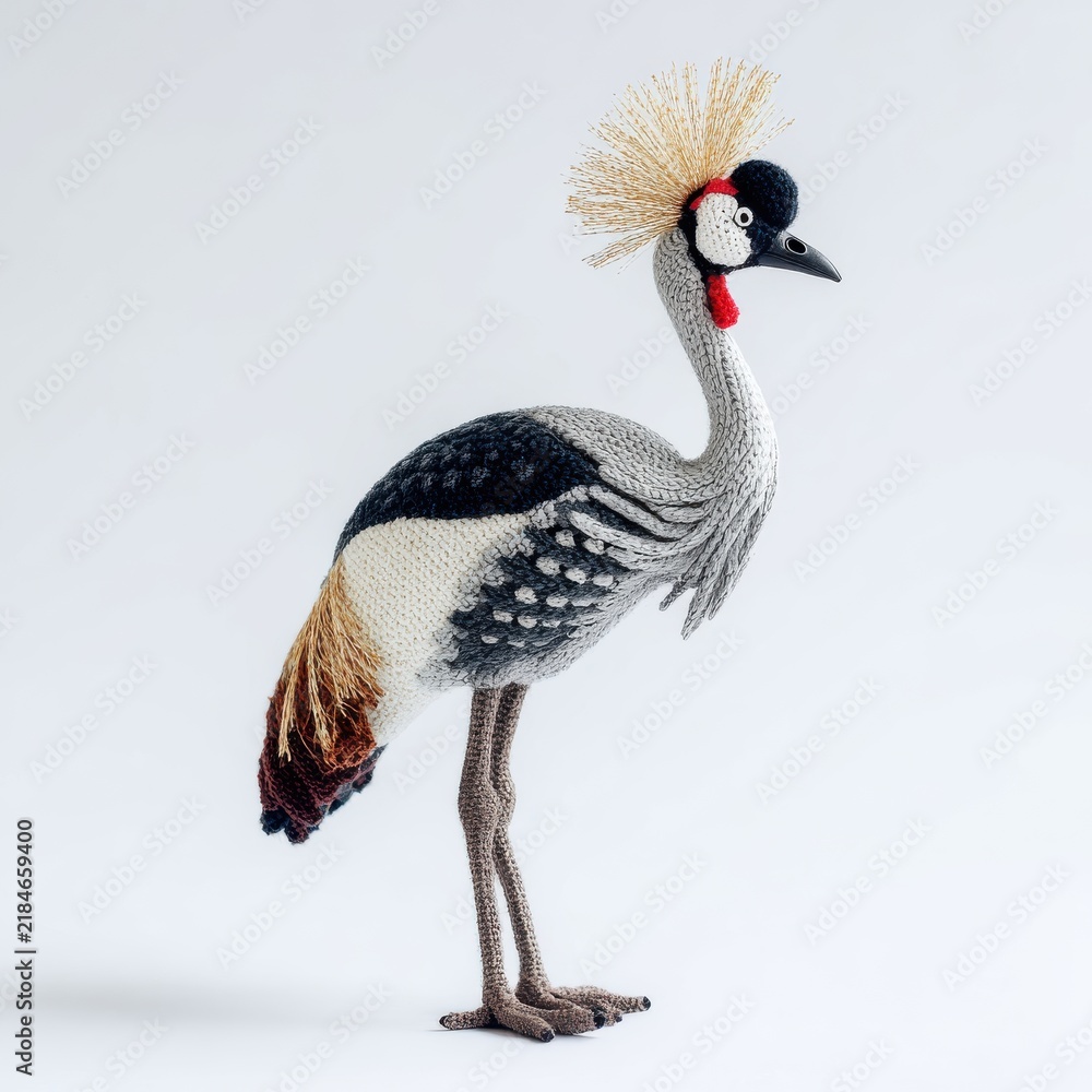 Fototapeta premium Intricate Beaded Sculpture Of A Grey Crowned Crane Isolated On A Clean White Studio Background