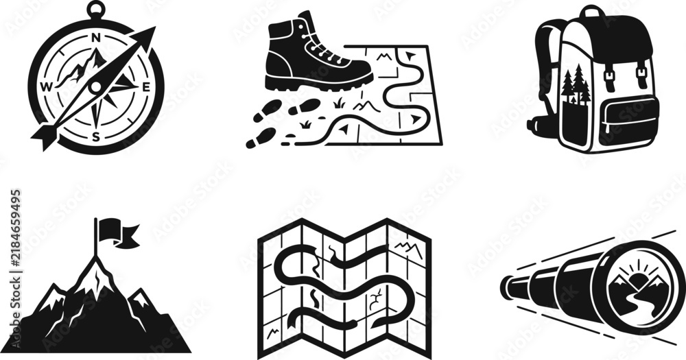 Fototapeta premium Set of hiking and camping adventure icons with compass, map, backpack, and mountain peak