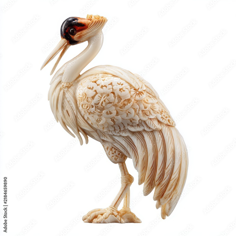 Fototapeta premium Intricate Carved Crane Sculpture Isolated On White Background With Cream And Red Details