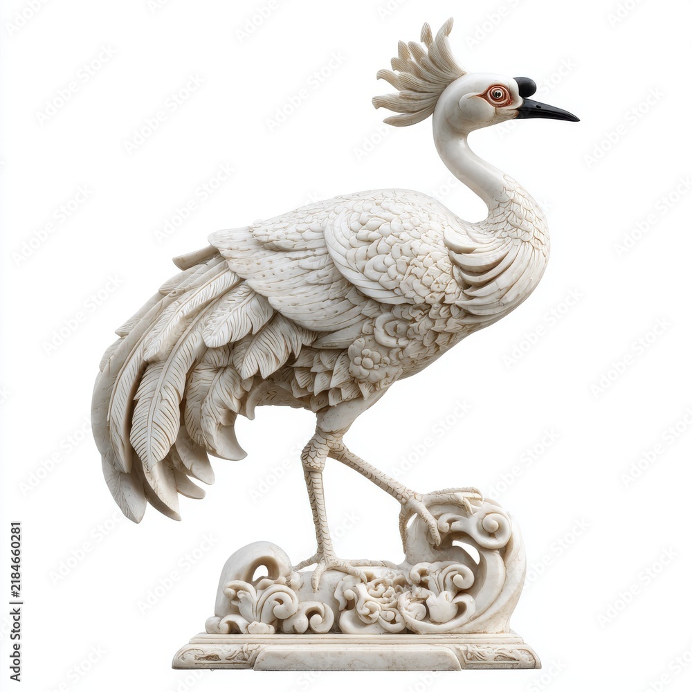 Fototapeta premium Intricate Carved White Crane Statue With Detailed Feathers Standing On Ornate Decorative Base