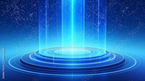 Futuristic circular platform with blue light beam and glowing particles