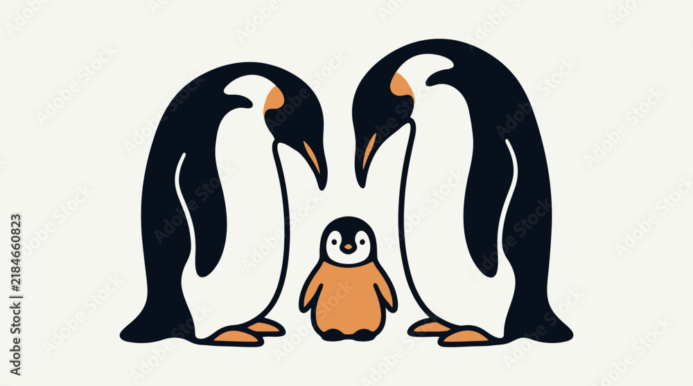 Obraz premium Cute penguin family vector illustration featuring adult penguins and their chick in minimalist style