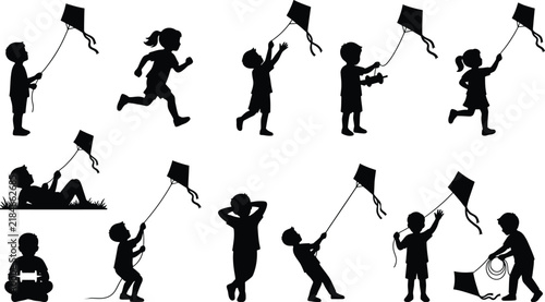 Obraz na płótnie Set of black silhouettes of happy children playing with kites outdoors in summer